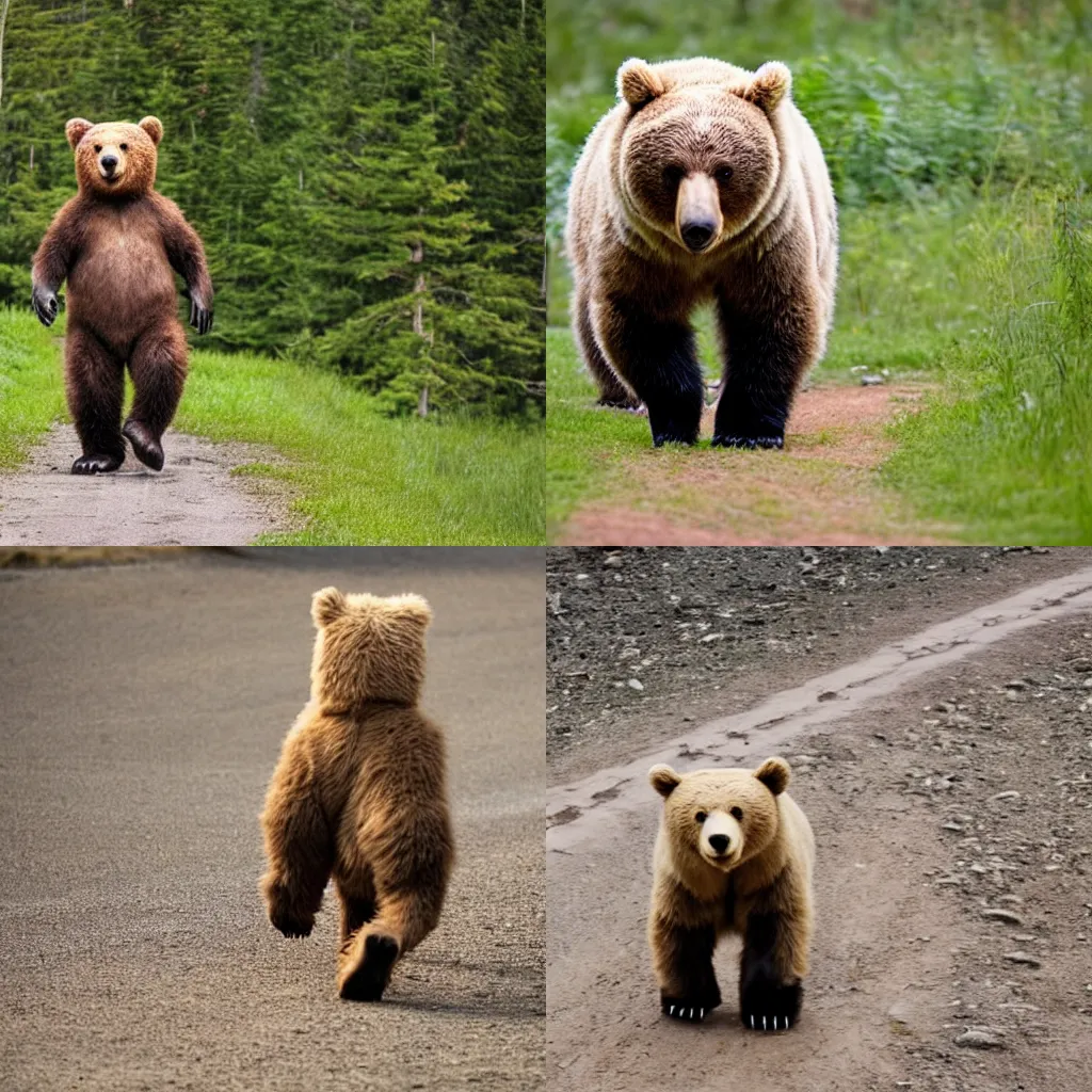 Prompt: a cute bipedal bear leaving tracks as he walks