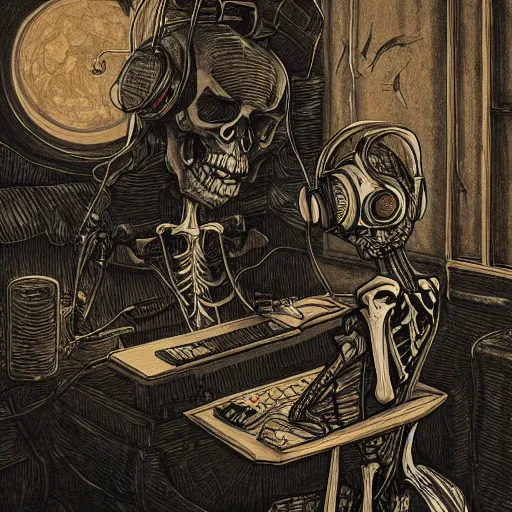 Image similar to skeleton wearing headphones, watching girl playing guitar while her black cat standing next to her, detailed intricate ink illustration, dark atmosphere, detailed illustration, hd, 4k, digital art, overdetailed art, by greg rutkowski, by loish, complementing colors, Trending on artstation