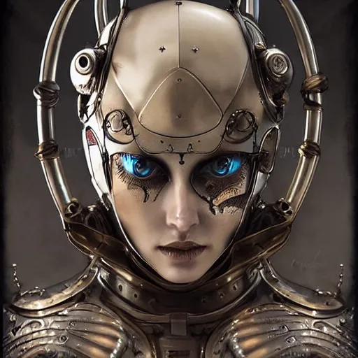 Prompt: tom bagshaw, curiosities carnival metal cables, photorealistic medium shot soft paint of a single beautiful bald female full long futuristic metallic armor ornate tight metal tentacles helmet, face, gynoid cyborg body, accurate features, focus, very intricate ultrafine details, award winning masterpiece