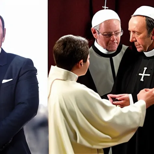 Image similar to kevin spacey dressed up as a catholic priest, giving out communion to people