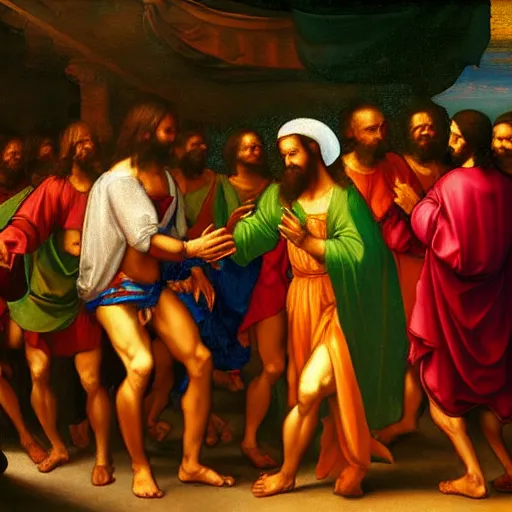 Image similar to jesus christ dancing to afrobeat music dj playing club party photorealistic ultra-realistic in the colourful style of leonardo da vinci artstation hd oil painting Renaissance painting