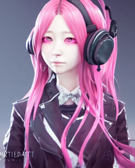 Prompt: beautiful portrait of a woman with pastel long hair with her eyes closed with headphones on in the style of a code vein character, dahyun from twice in code vein in the style of WLOP, artgerm, yasutomo oka, rendered in unreal engine and redshift octane , dynamic dramatic lighting, soft lighting, imagine fx, artstation, cgsociety, by Bandai Namco artist, background i surrounded by neon glitch effect