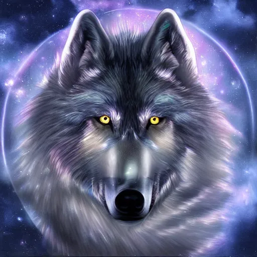 Image similar to of a fantasy painting of a wolfs face in the sky morphing into galaxy ’ s and stars and planets in the style of greg retowski highly detailed cinematic lighting digital art