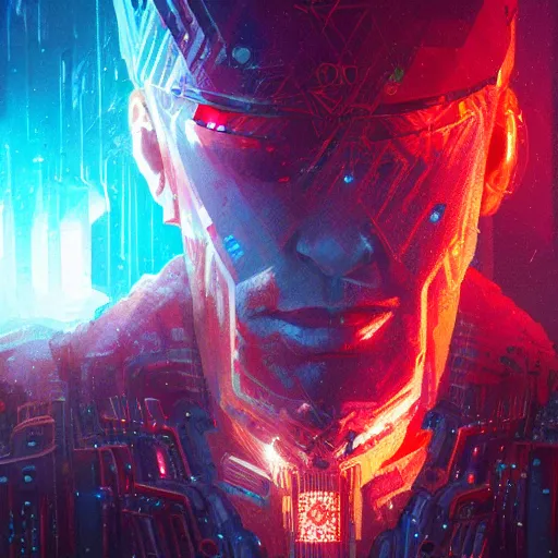 Prompt: portrait of fantasy wizard with a halo of red cubes, cinematic, intricate, abstract, artstation, greg rutkowski, dan mumford, wlop, beeple, octane render