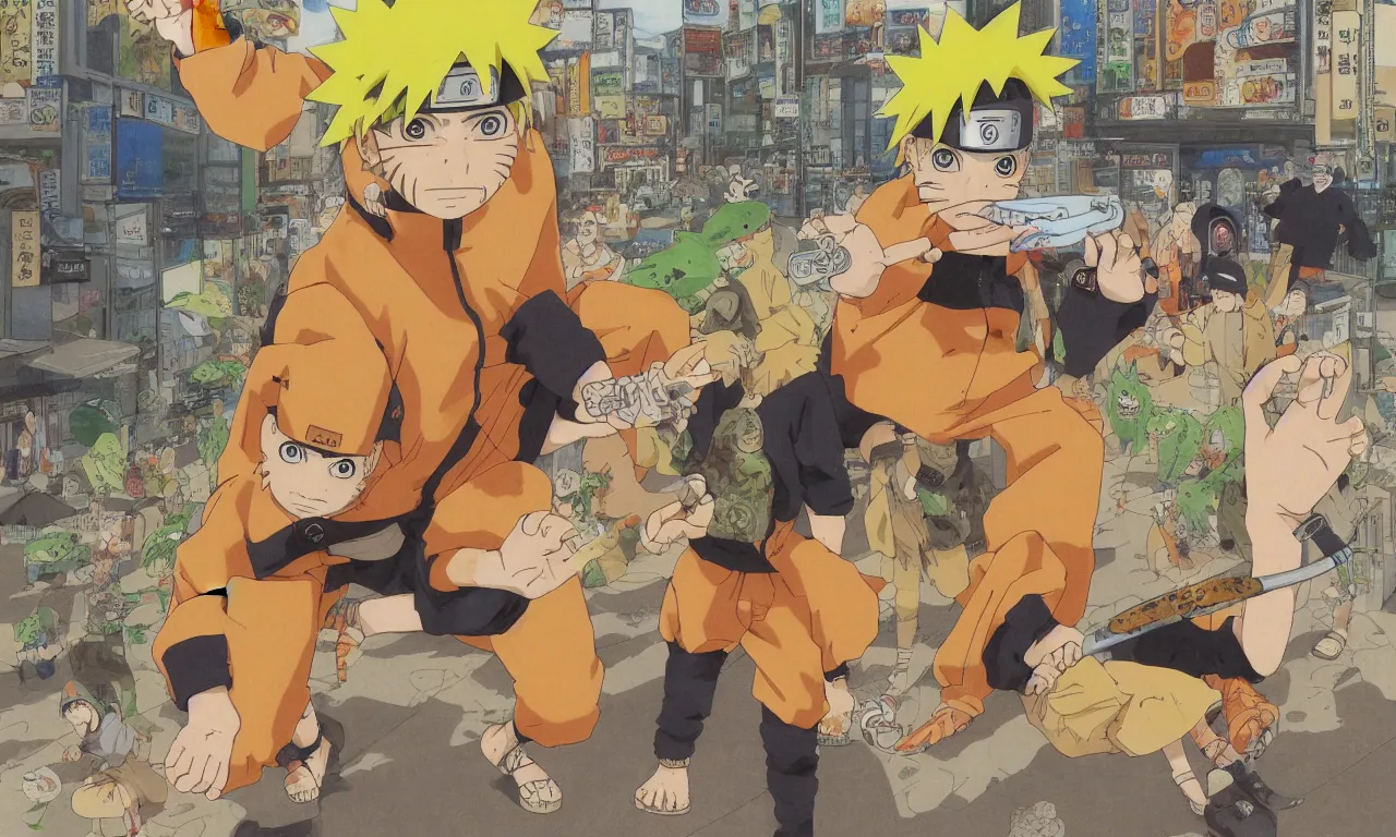 Image similar to a color manga illustration of naruto riding a enormous brown frog that is smoking a pipe in the middle of a busy tokyo intersection. naruto has yellow hair and orange clothes. the view is from ground level and wide angle. the mood is tense and exciting. brilliantly illustrated by masashi kishimoto in a very very well regarded style.