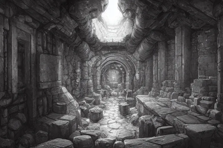 Image similar to black and white one point perspective dungeon cozy fantasy dungeon hallway view with pit in the middle of the ground by artgerm and Craig Mullins, James Jean, Andrey Ryabovichev, Mark Simonetti and Peter Morbacher 16k