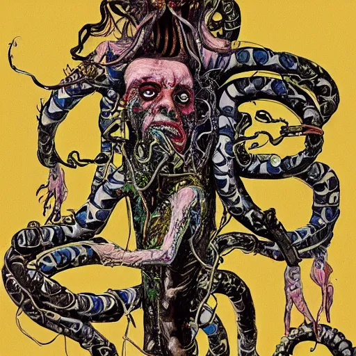 Image similar to graphic illustration, creative design, medusa, biopunk, by ralph steadman, francis bacon, hunter s thompson, concept art