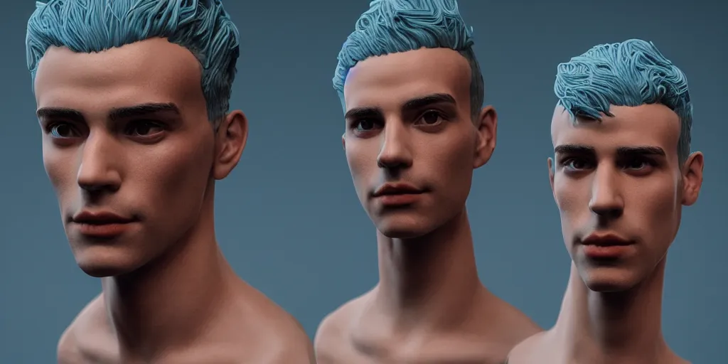 Image similar to a perfect porcelain bust of handsome young Spanish man with pipe cleaners coming out of the neck, 3D cinematic lighting, 90 degree spotlighting, photorealism, octane render, depth of field, 8k, 35mm, artgem, Trending on artstation