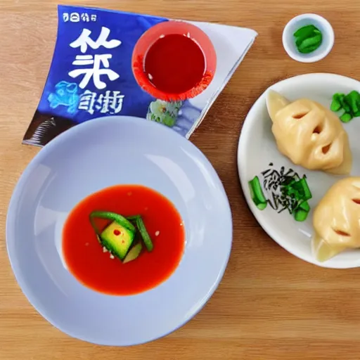 Prompt: anime dumplings with chilli sauce made by hayao miyazaki, ghibli art style