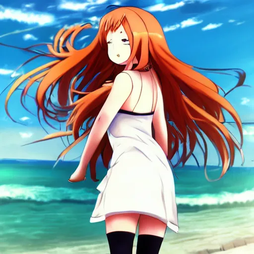 Image similar to beautiful anime girl in a long white dress on a beach. Red hair, dramatic lighting, trending on artstation. Pixiv, Yuru camp, manga cover