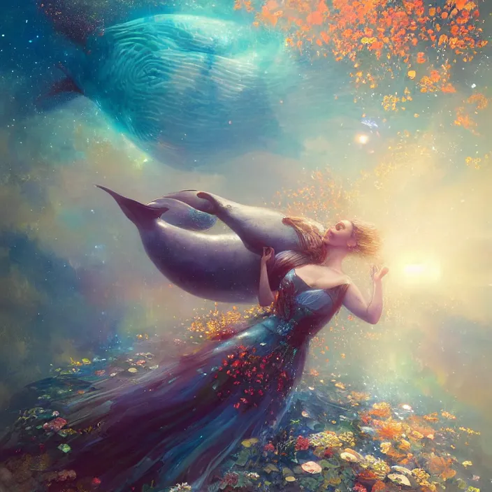 Image similar to glimmering whale, flowing dress, flowers, cosmos, milky way galaxy, golden hour, god rays, coral reef, dreamscape by artgerm and ruan jia and ismail inceoglu and greg olsen, masterpiece, beautiful, intricate, elegant, highly detailed