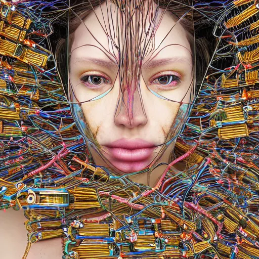 Image similar to swimming deeper into the multiverse, piles of modular synth cables mixed with mangrove roots, kawaii puerto rican goddess staring through your soul wearing a headpiece made of circuit boards, by cameron gray, wlop, stanley kubrick, masamune, hideki anno, jamie hewlett, unique perspective, trending on artstation, cinematic, 3 d render, vivid