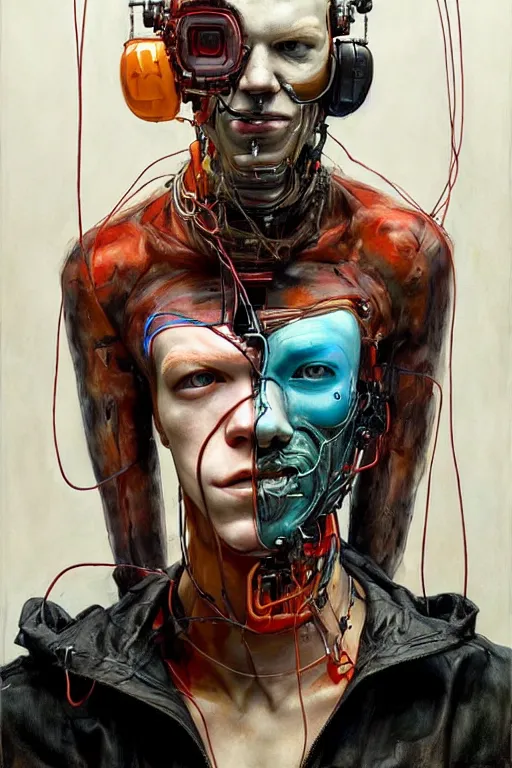 Prompt: cameron monaghan as a cyberpunk hacker, wires cybernetic implants, by esao andrews, jenny saville, james jean