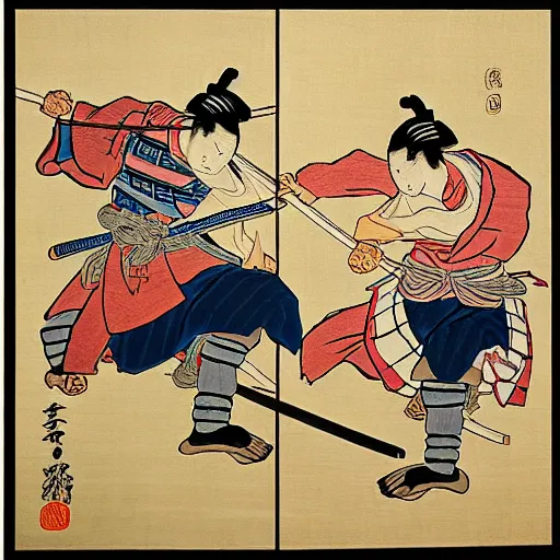 Image similar to two samurai battle each other with different banner, one with tortoise banner, one with wolf banner, wood block painting style, outline style, hand drawn style, hokusai style, circa 1 5 0 0 s, history, legendary battle, epic battle, breath taking, piece of history, museum collection, scretch, dust, grain, noise, on wood