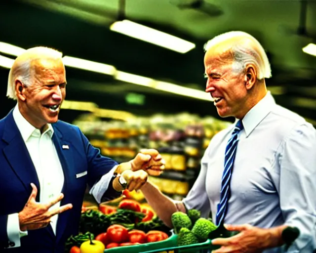 Prompt: joe biden and trump buying groceries. center frame medium shot, shot on technicolor cinemascope 35mm anamorphic lense, flare