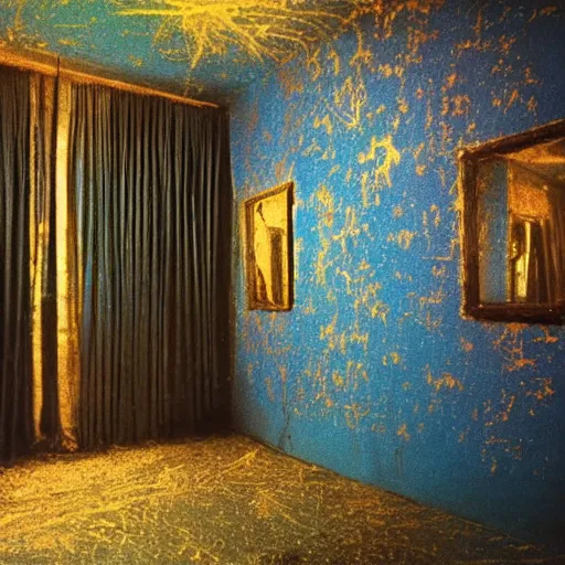 Image similar to a black unicorn in a blue and gold haunted liminal abandoned room, film still by david lynch, limited color palette, very intricate, art noveau, highly detailed, strong lights, liminal, eerie, bright pastel colors