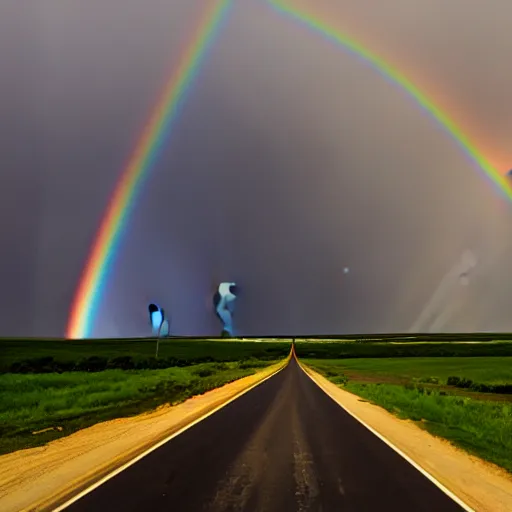 Prompt: symmetrical photo down a long, flat country highway in Nebraska with dark thunderstorm and lightning up ahead, and in front of that a rainbow arcing over the road.