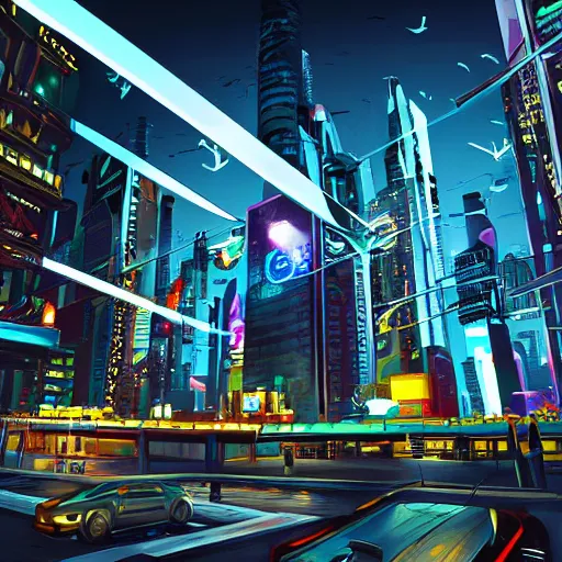 Image similar to a futuristic neon city, flying cars, cyberpunk city, realistic lighting