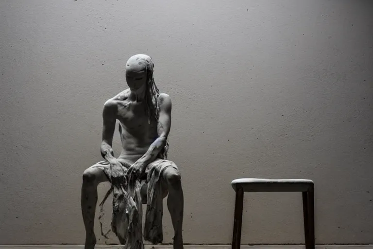 Image similar to a sculpture of a person sitting on top of a chair, a white marble sculpture by nicola samori, behance, neo - expressionism, marble sculpture, apocalypse art, made of mist