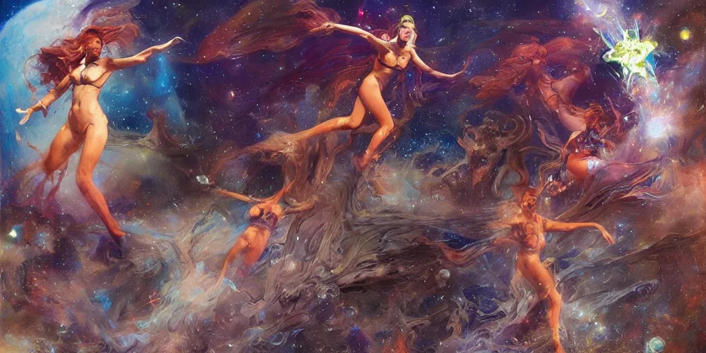 Prompt: supernova, space mermaids in space costumes, stars, painted by steve mccurry, ruan jia, raymond swanland, lawrence alma tadema, zdzislaw beksinski, norman rockwell, jack kirby, tom lovell, alex malveda, greg staples