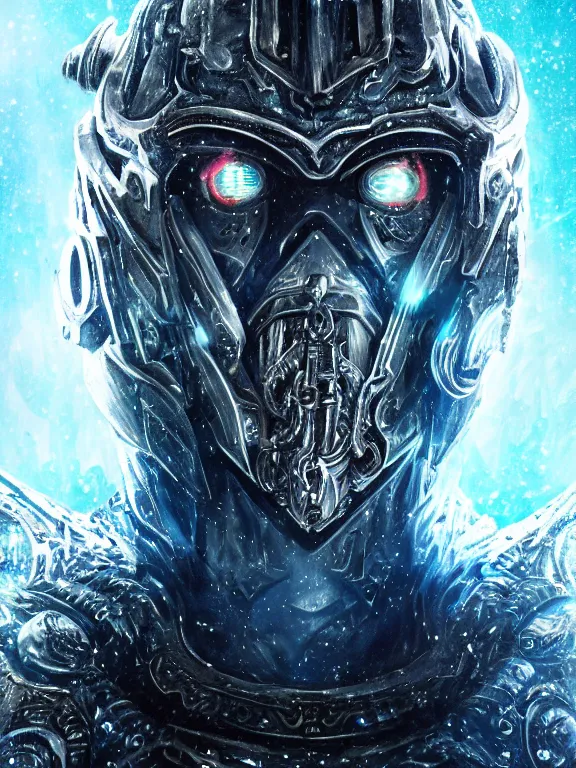 Image similar to portrait art of 8k ultra realistic retro futuristic lich king , galaxy reflected helmet , detailed intricate ornate armour,eldritch horror,blade runner, cybernetic, full of colour, cinematic lighting, battered, trending on artstation, 4k, hyperrealistic, focused, extreme details,unreal engine 5, cinematic, masterpiece, art by ayami kojima, giger