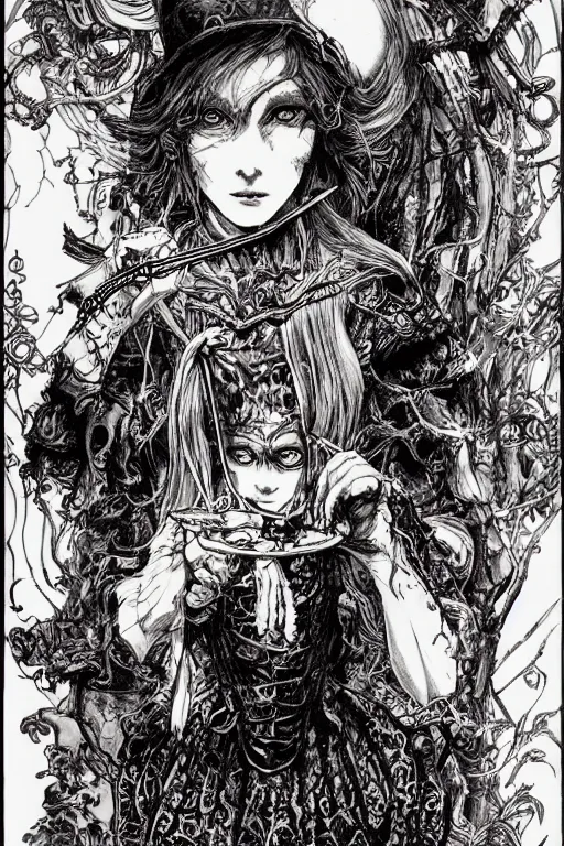 Image similar to Gothic Alice in wonderland tarot card , pen and ink, intricate line drawings, by Yoshitaka Amano, Ruan Jia, Kentaro Miura, Artgerm, watercolor