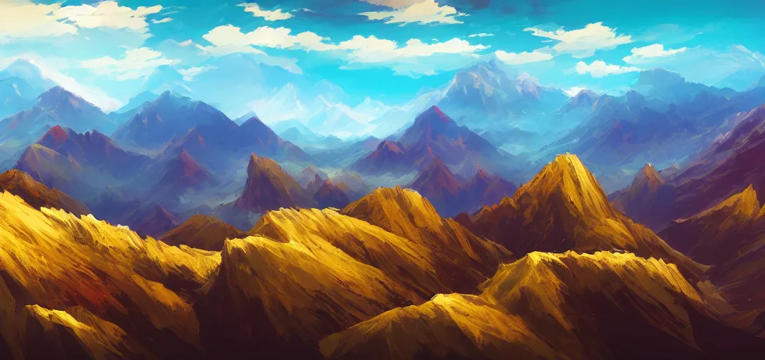 Image similar to vast mountain landscape, craggy mountains, magic the gathering, three - colors, three - color color palette, panoramic, wide angle, horizon, highly detailed