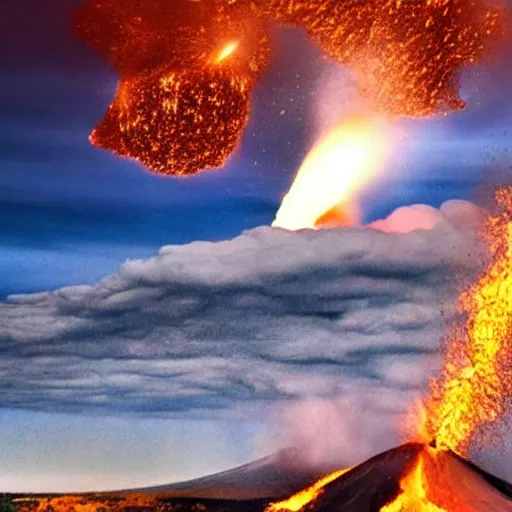 Image similar to meteorite crashing into an active volcano, photography