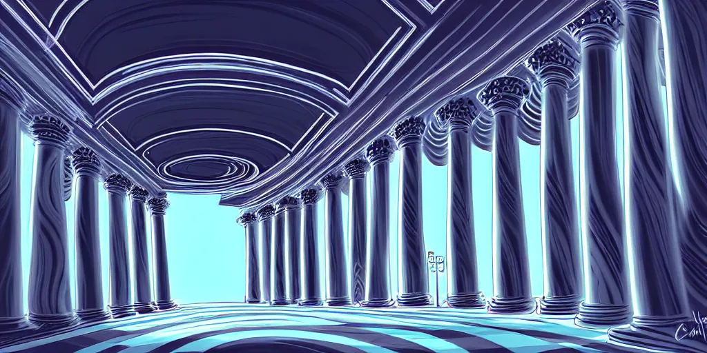 Prompt: curled perspective digital art of curly clouds entrance to the casino with marble columns by anton fadeev from nightmare before christmas