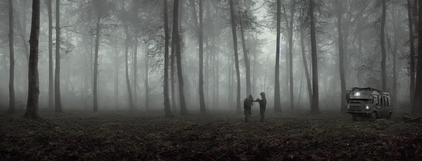 Prompt: creepy rusty bots searching for remaining humans in dark foggy old forest in the night with, postapo style, heavy rain, reflections, high detail, dramatic moment, motion blur, dense ground fog, dark atmosphere, saturated colors, by darek zabrocki, render in unreal engine - h 7 0 4