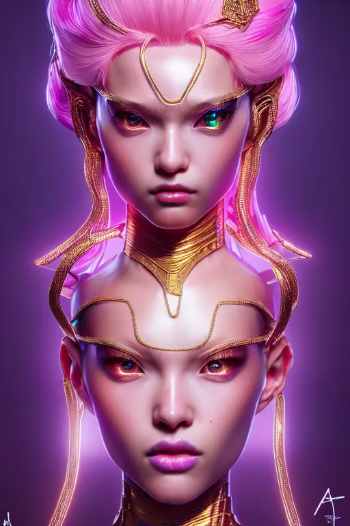 Image similar to hyperdetailed portrait of a stunningly beautiful movie star androgynous guard made of iridescent metals, shiny pink gems, inspired by ross tran and wlop and masamune shirow and kuvshinov, concept art, intricate, photorealistic, octane render, rtx, hdr, unreal engine, dnd digital art by artgerm