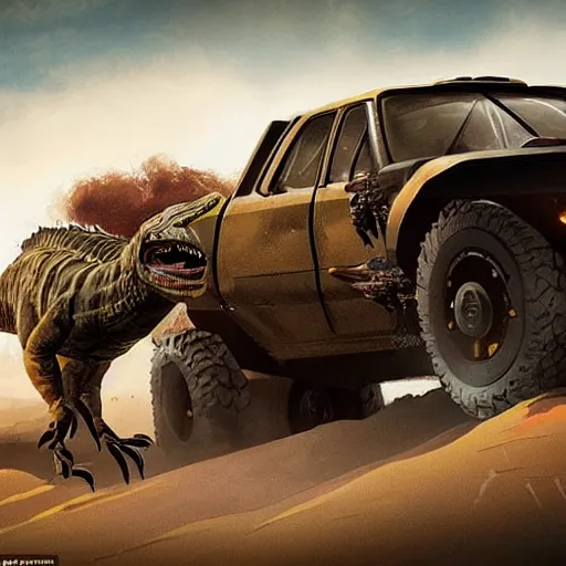 Prompt: velociraptor as a truck in the style of mad max and star wars, futuristic dramatic lighting, intricate photorealistic detail, many exotic high end features