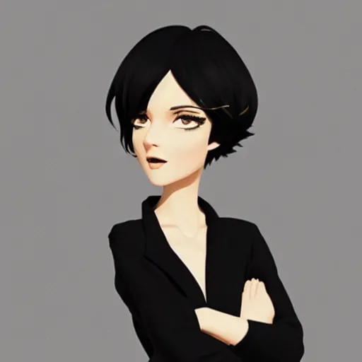 Image similar to beautiful slim scornful business girl in tuxedo with black short hair, elegant, 2d, ultra highly detailed, digital painting, smooth, sharp focus, artstation, trending on artstation, art by Ilya Kuvshinov