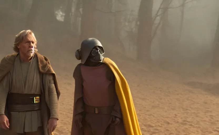 Prompt: cinematic still image screenshot portrait of luke skywalker in yellow cape talking to maz kanata diplomatic, dramatic scene from force awakens crisp 4 k 7 0 mm imax, moody iconic scene, directed by jj abrams, beautiful backlit, forest pink fog planet