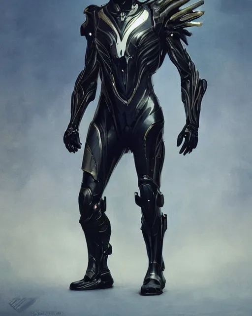 Image similar to iridescent sinewy smooth muscular male warframe sleek glossy black pearlescent scifi armor with smooth black featureless helmet, by greg rutkowski, mark brookes, jim burns, tom bagshaw, magali villeneuve, trending on artstation