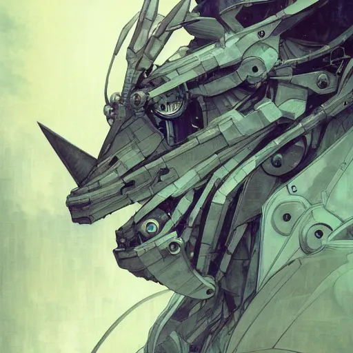 Image similar to portrait of a robotic rhino mecha elegant, concept art, intricate complexity, by shigenori soejima, krenz cushart, alphonse mucha, takato yamamoto, conrad roset, 4 k, beautiful, cinematic dramatic atmosphere, volumetric lighting, highly detailed, perfect, fine details, realistic shaded, fine,