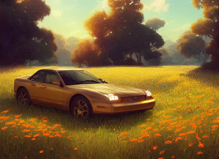 Image similar to detailed intricate digital illustration by greg rutkowski and artgerm and wlop and sanford robinson gifford ; 2 0 0 4 vehicle, beautiful meadow with colorful flowers in background ; 1 3 mm film, arri alfa anamorphic lens ; sharp focus, golden hour lighting, trending on artstation 4 k ; close view