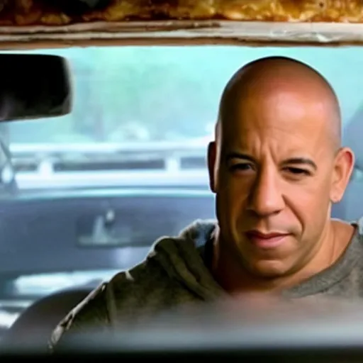 Image similar to movie still of vin diesel eating waffles and pancakes breakfast in a car