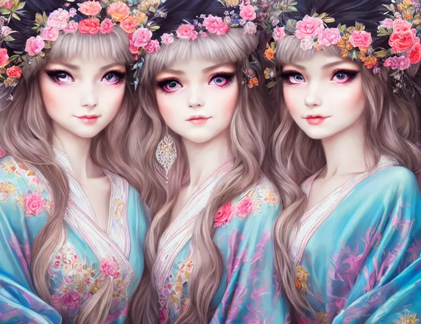 Image similar to two beautiful fashion siberian girls wear fantasy kimono in festival | | big eyes, sunny, dreamlike art, realistic shaded, smile, good looking, hyper details, 4 k realistic, cryengine, realistic shaded lighting poster by artgerm, ross tran, fuji choko, loish, 8 k resolution, trending on artstation, luxury