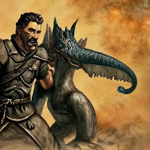 Prompt: Joseph Stalin friendship with dragon from Skyrim,