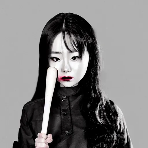 Image similar to photo of Chuu Kim Ji-woo from LOONA dressed as Negan, mischievous look with her barbed baseball bat Lucille, in the style of George Hurrell, white fog, octane render