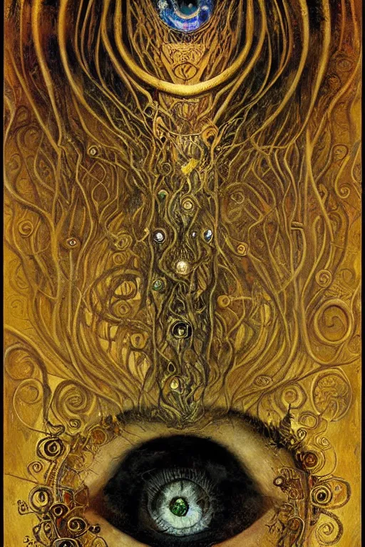 Prompt: The Lost Souvenir by Karol Bak, Jean Deville, Gustav Klimt, and Vincent Van Gogh, mystic eye, otherworldly, vintage well-worn postcard, lightning, fractal structures, arcane, inferno, inscribed runes, infernal relics, ornate gilded medieval icon, third eye, spirals