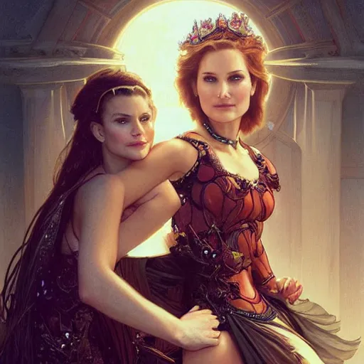 Prompt: natalie portman and kate mulgrew grinning, crab queen, intricate, elegant, highly detailed, digital painting, artstation, concept art, smooth, sharp focus, illustration, art by artgerm and greg rutkowski and alphonse mucha and william - adolphe bouguereau