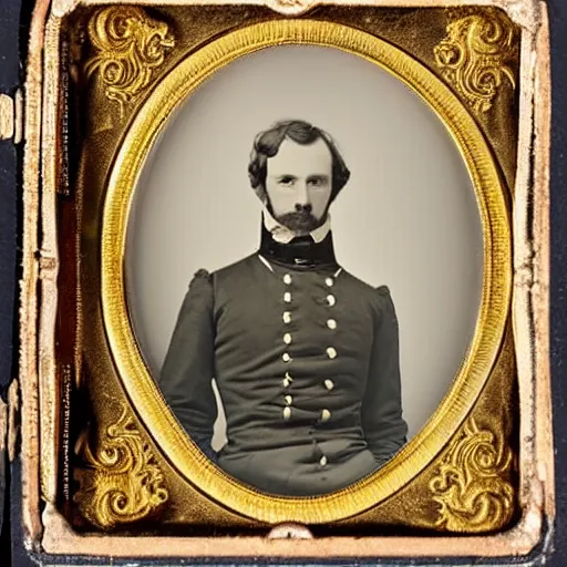 Image similar to A daguerreotype of Robert Llewellyn dressed in 19th century military uniform, regal, refined, highly detailed