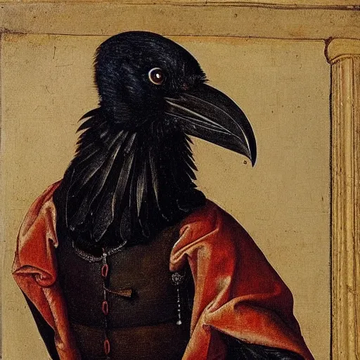 Prompt: a highly detailed renaissance oil painting of a raven dressed as an elegant tudor noble by hans holbein