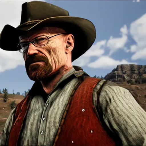 Image similar to Walter White as a Red Dead Redemption 2 character, in game screenshot