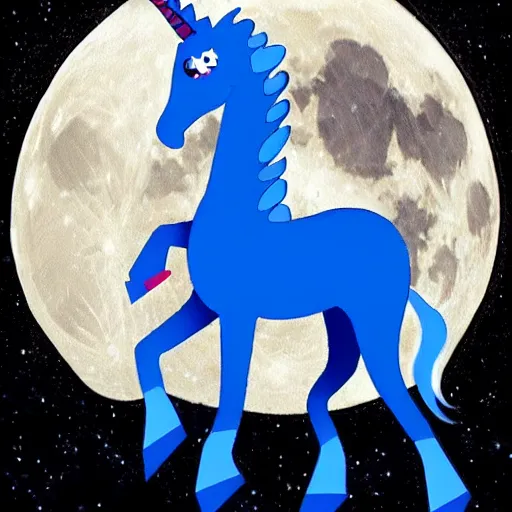 Image similar to A lonely blue unicorn-pegasus sits on the moon's surface, sitting in the moon dust crying