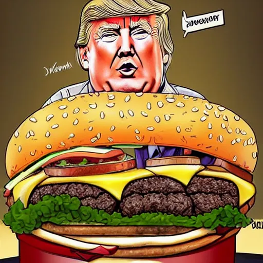 Image similar to Donald trump is gigantic and morbidly obese, he’s sitting on a mountain of cheeseburgers and French fries, hyperrealistic photo, highly detailed award-winning photography