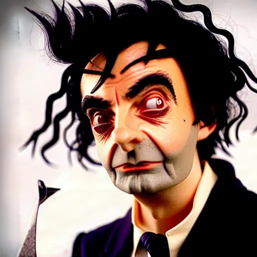 Prompt: mr. bean as edward scissorhands. movie still. cinematic lighting.