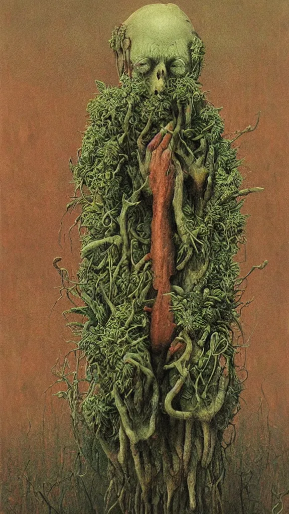 Prompt: cannabis paranoia, painted by beksinski